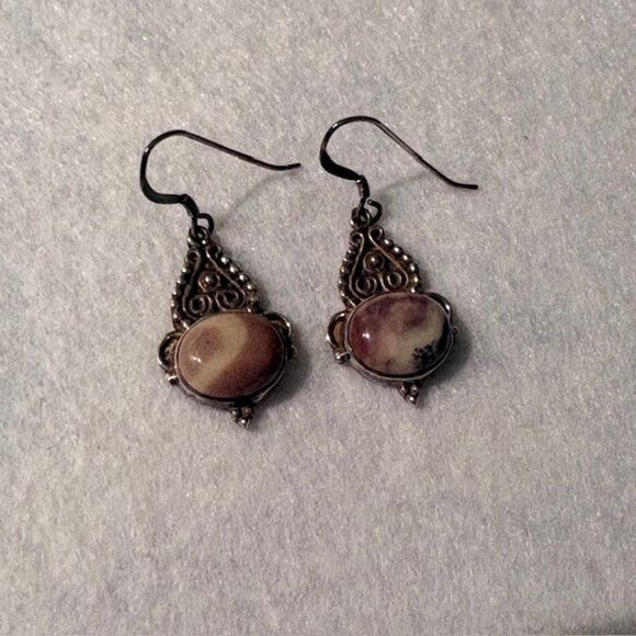 Vintage Intricate Sterling Silver Scroll French Hook Oval Jasper Dangle Earrings - Picture 2 of 7